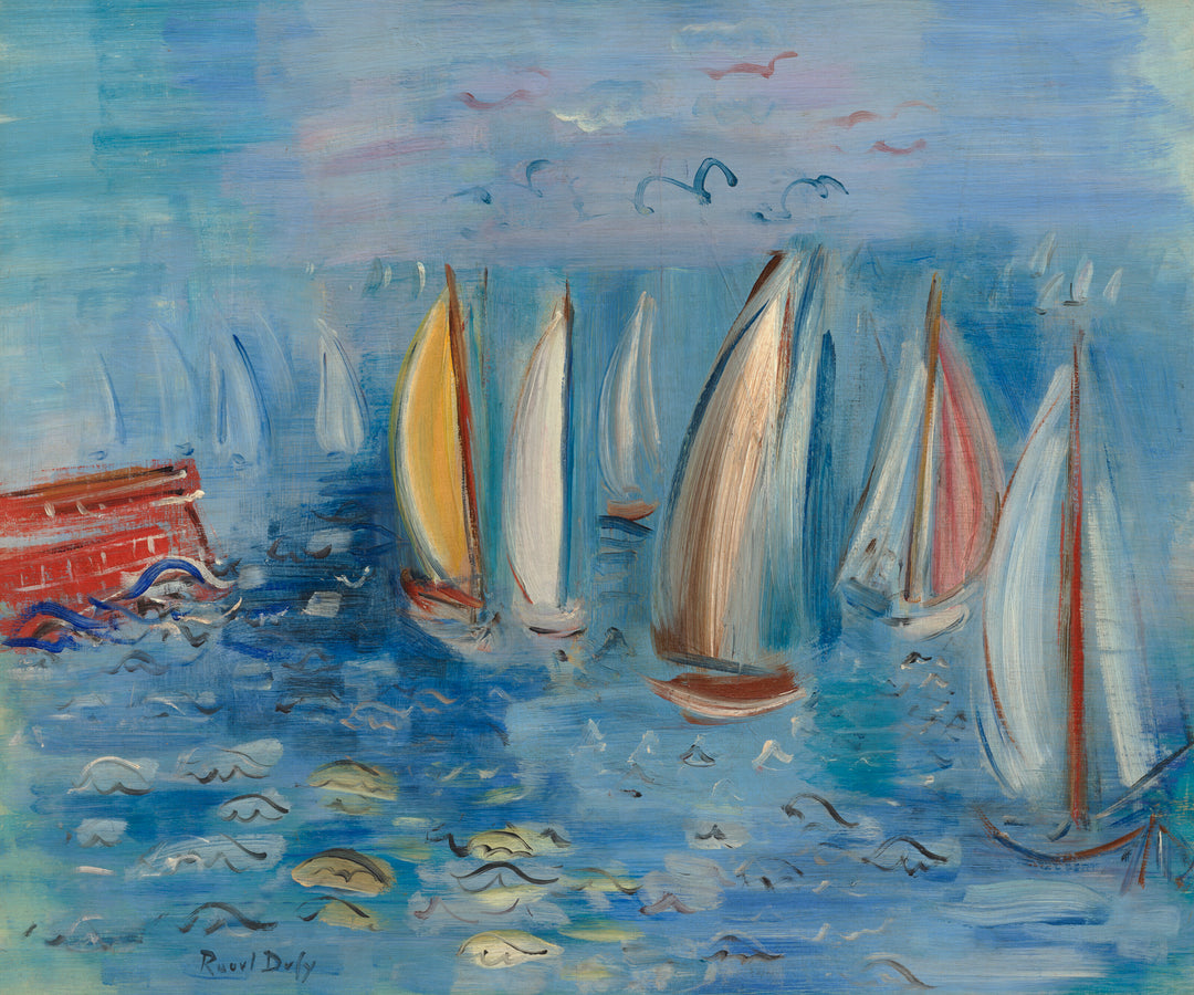 Painting of sailboats on a blue sea with a red building in the background