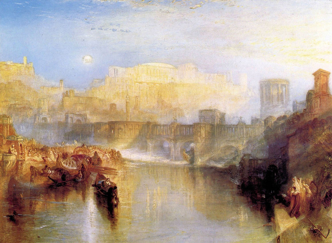 A painting depicting a scenic view of ancient Rome with a body of water and buildings in the background.