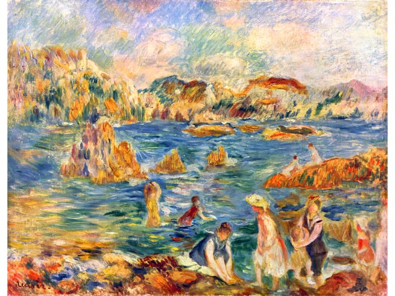 A painting featuring a beach scene with figures, predominantly in a post-impressionist style with vibrant colors and visible brushstrokes.