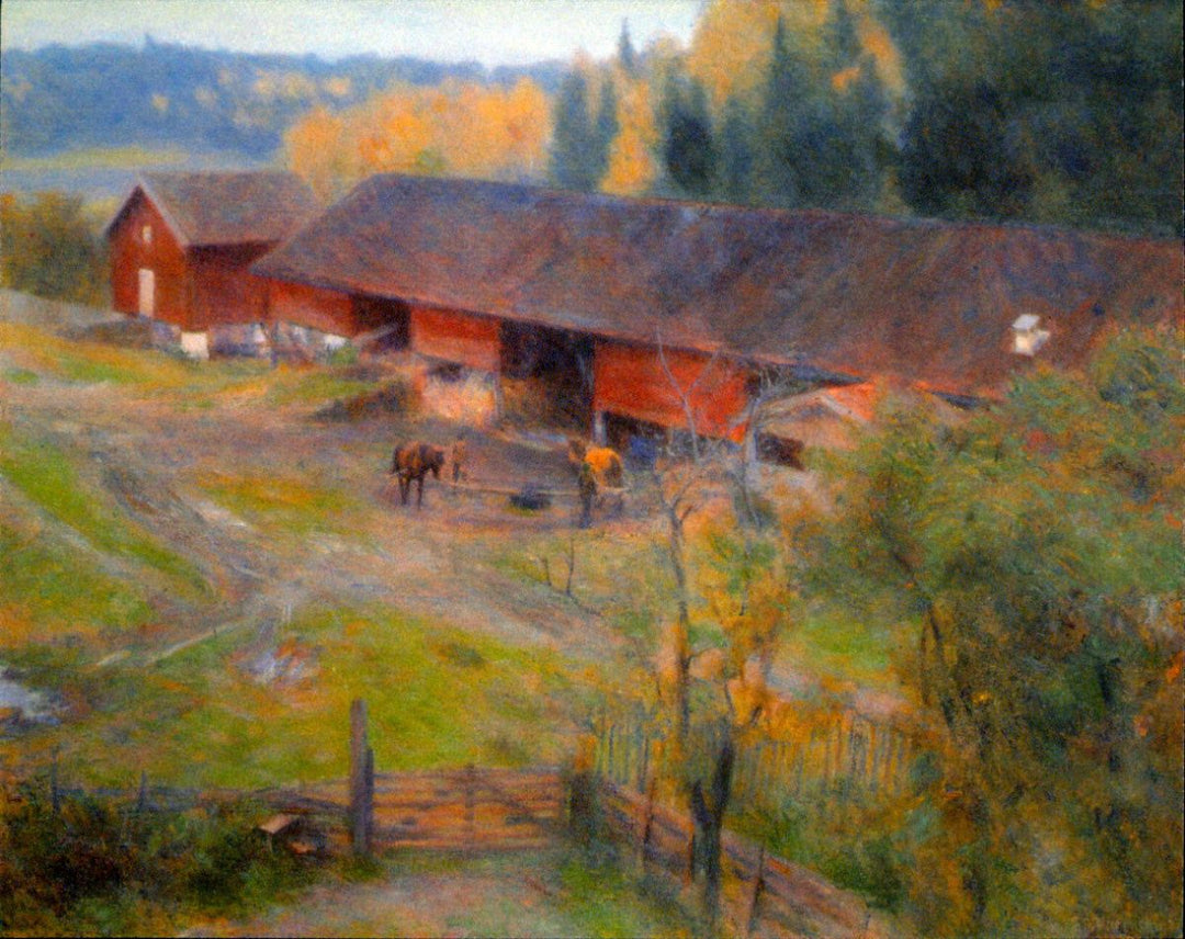 The image depicts "Autumn," a painting from 1890 by Norwegian artist Erik Werenskiold. 
The painting captures a serene, pastoral scene of a Norwegian farm in autumn, with farm buildings and two horses at work. 