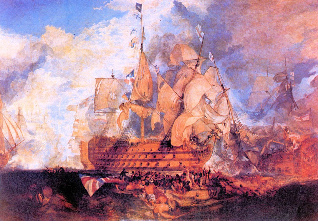 A painting depicting the Battle of Trafalgar with ships at sea, primarily in black, blue, orange, and pink colors.