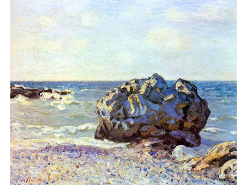 A painting featuring a coastal scene with a prominent rock formation on the shore, with muted colors predominantly in blue, grey, and white.