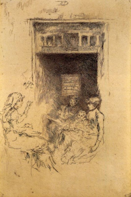 A sketch by Whistler featuring bead stringers in a room with a fireplace.