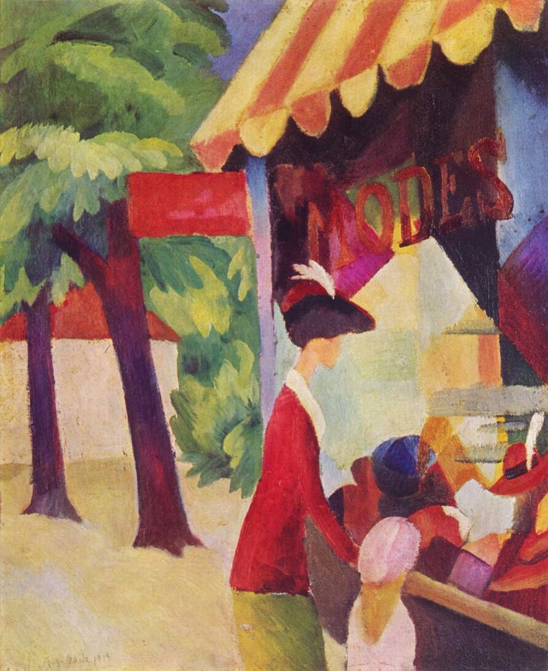 August Macke - Before Hutladen (woman with a red jacket and child)
