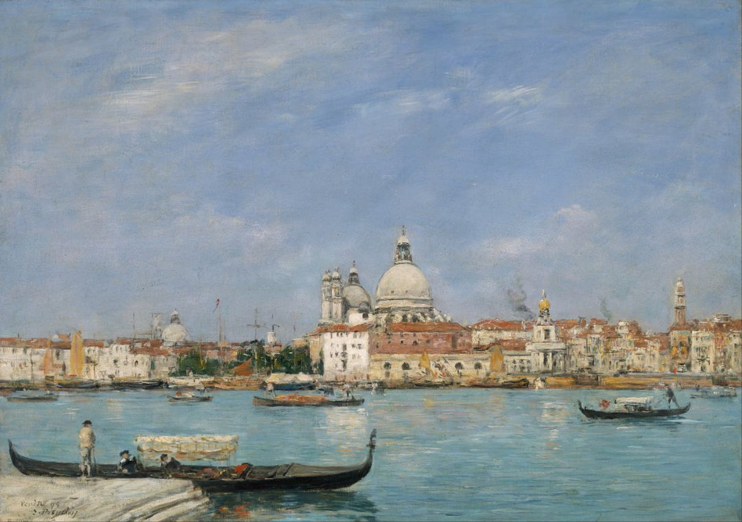 A serene painting of Venice features gondolas on calm blue waters, a bustling cityscape with historic architecture, and a clear sky, evoking tranquility.
