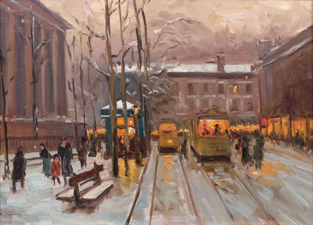 A snowy city street with people walking and a horse-drawn carriage. Warm lights from buildings create a cozy atmosphere amid bare trees and cloudy skies.