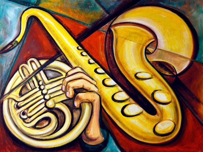 An abstract painting featuring a brass instrument, possibly a saxophone, in a colorful, modern style.