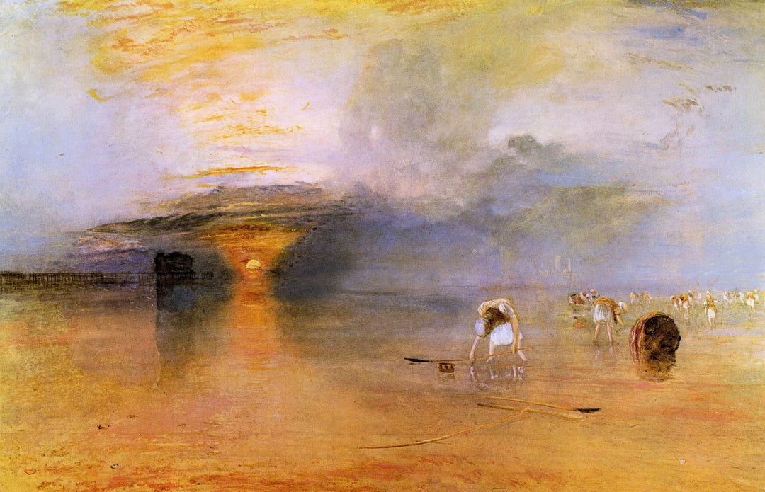 A painting titled 'Calais - Collecting Bait by Turner', featuring a scene with figures on a beach at sunset or sunrise, with a prominent orange sun and a dramatic sky.