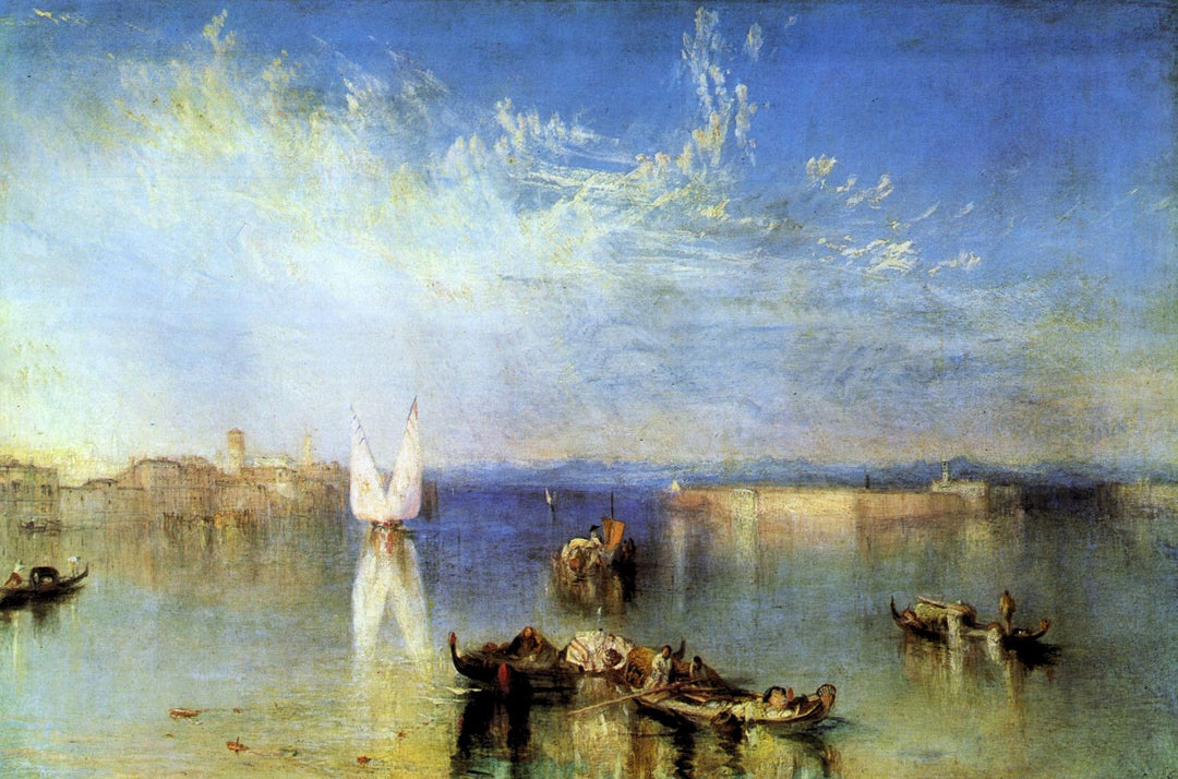 A painting by Joseph Mallord Turner featuring a scene of boats on water with a cityscape in the background, predominantly in shades of blue and white.
