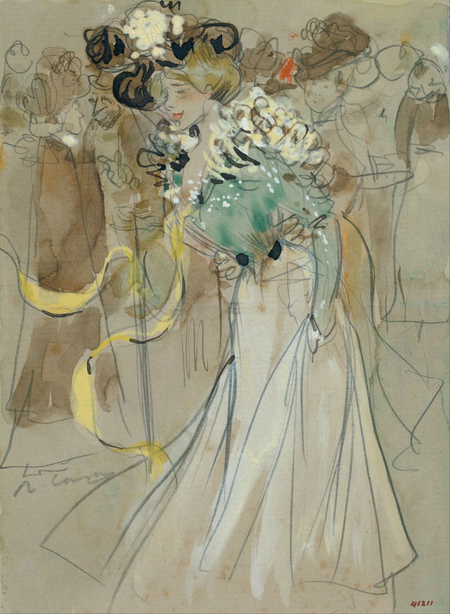A sketch of a woman in a white dress with a floral arrangement, surrounded by what appears to be a celebratory or festive crowd.