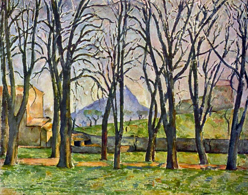 A artwork featuring chestnut trees in a landscape with a building in the background, predominantly in shades of green, blue, and orange.