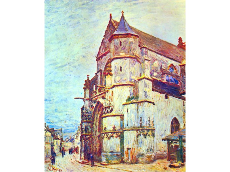 A painting featuring a church with a blend of white, blue, red, and green colors, indicative of an impressionistic style.