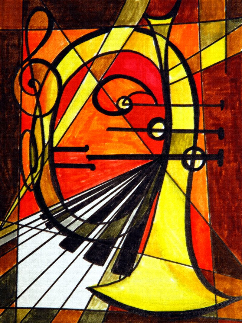 A abstract painting featuring elements that evoke a musical theme, such as curved lines and a structure resembling a piano, predominantly in black, red, and yellow colors.