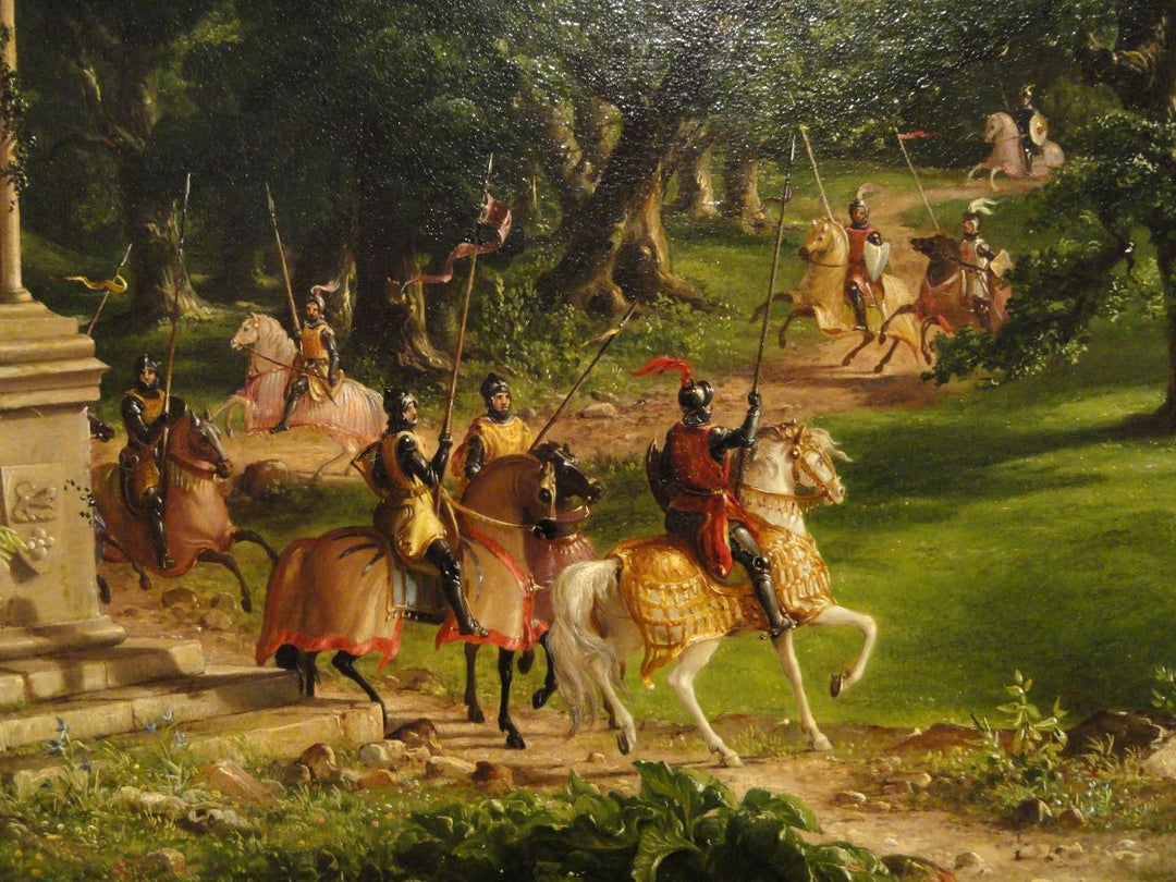A detailed painting of a medieval forest scene with knights on horseback. The knights, in vibrant armor, ride through dense trees, conveying adventure.