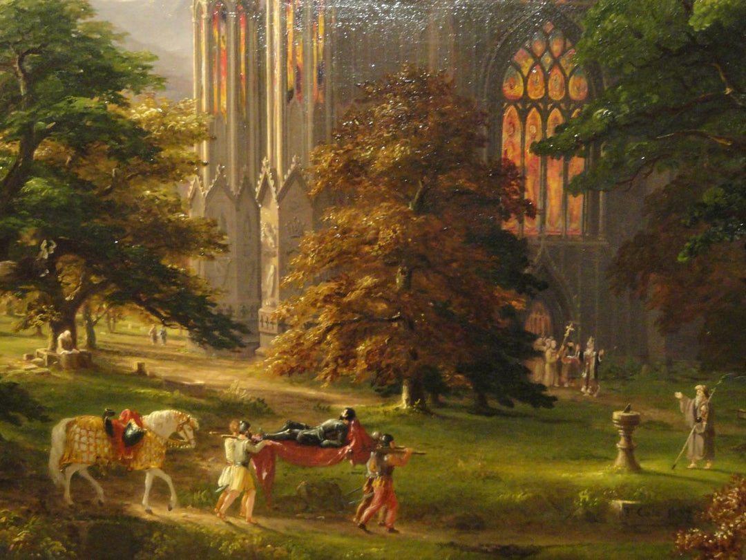 A pastoral scene with people in period attire relaxing in a lush park. A grand Gothic cathedral is in the background. The mood is serene and idyllic.