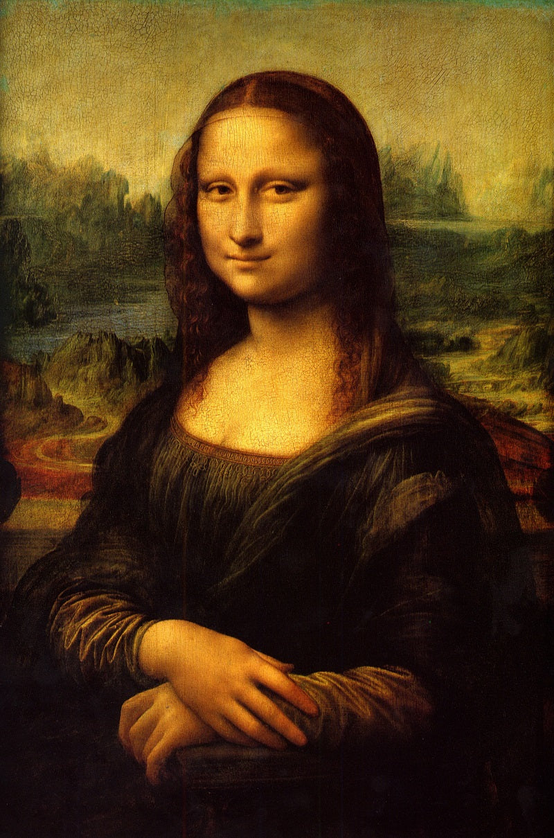 The image presents a high-resolution reproduction of Leonardo da Vinci's famous painting, the Mona Lisa. The artwork, characterized by its enigmatic smile and subtle play of light and shadow, known as sfumato, is captured with remarkable detail.