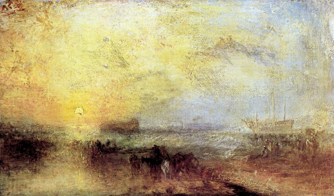 A painting depicting a coastal scene with boats and a sunset, titled 'Day After The Storm' by Joseph Mallord Turner.