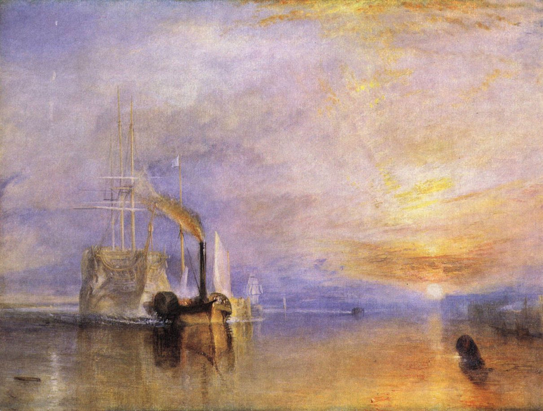 A painting featuring a maritime scene with boats and a prominent ship, set against a sunset or sunrise sky with warm orange and blue hues.