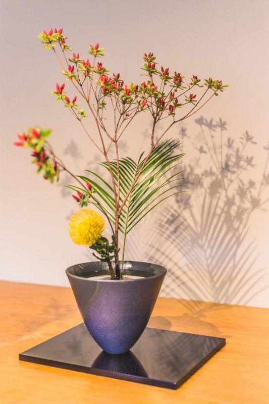 A minimalist vase with red and yellow flowers on thin branches, set on a wooden table. The soft lighting casts delicate shadows on the white wall.