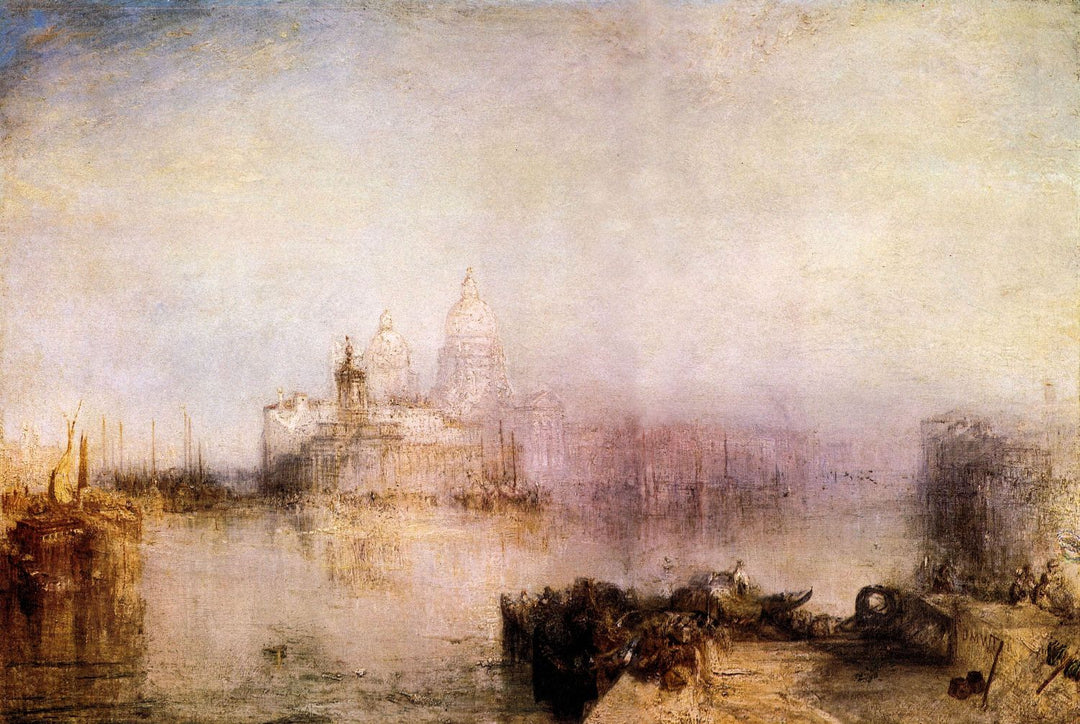 An atmospheric painting by Joseph Mallord Turner depicting the Dogana and Santa Maria della Salute in Venice, with hazy light, calm waters, and soft golden tones.