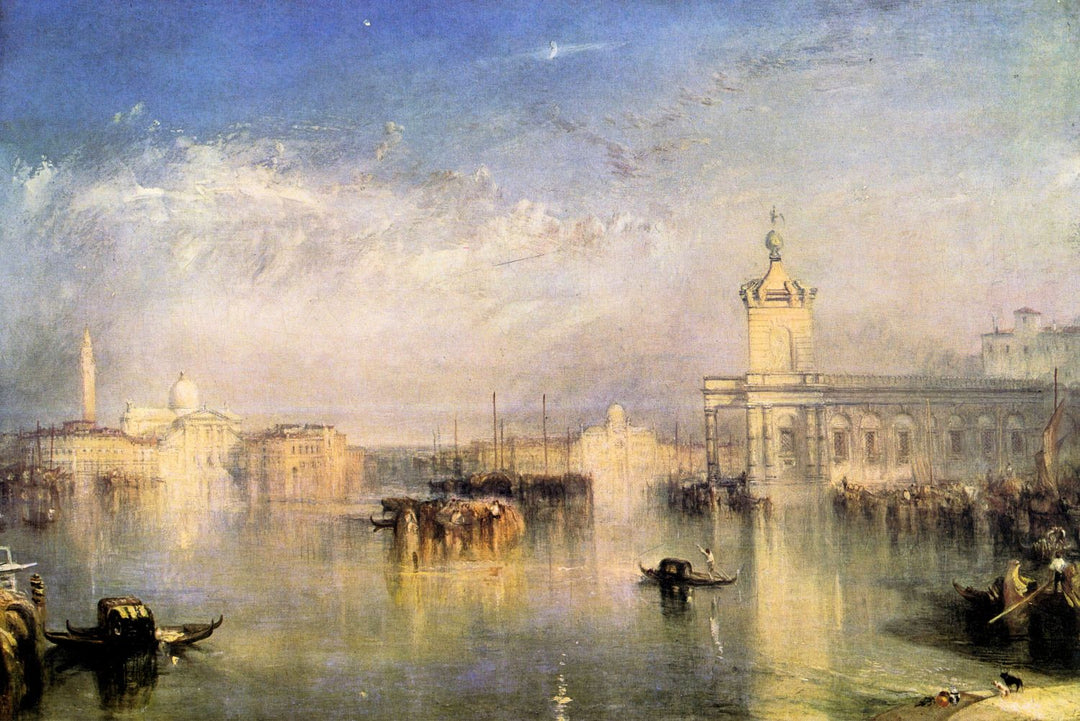 A painting featuring a scene with boats and buildings, likely a cityscape, with a prominent building resembling a citella in the background. The art style suggests it could be from the romanticism period.