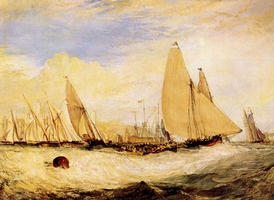A painting featuring a regatta with multiple sailboats on water, with a castle in the background. The sky is predominantly blue with some cloud cover, and the boats are primarily in white, brown, and blue colors.