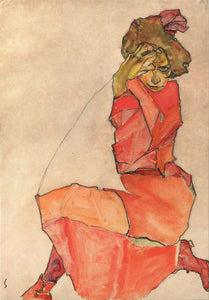 Egon Schiele - Kneeling Woman in Orange-Red Dress by Schiele