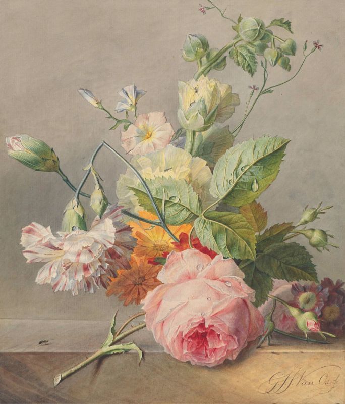A painting of a floral still life arrangement featuring various flowers including pink roses and green leaves on a grey background.