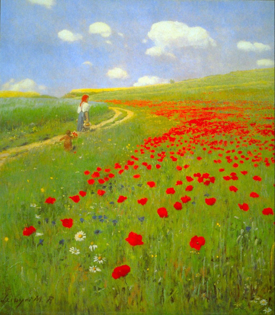 A vibrant painting featuring a pathway with red poppies and a blue sky in the background, with a figure of a person and a dog on the path.