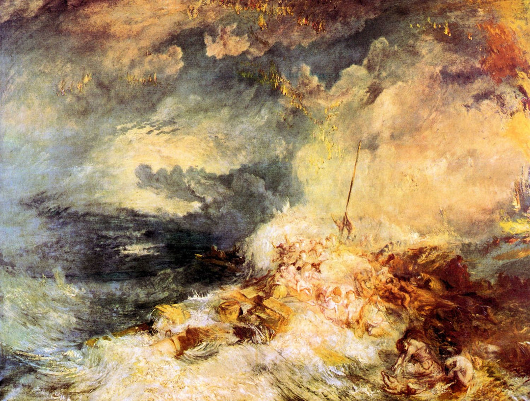 A painting depicting a stormy sea with a shipwreck and people, with a vivid background and foreground.