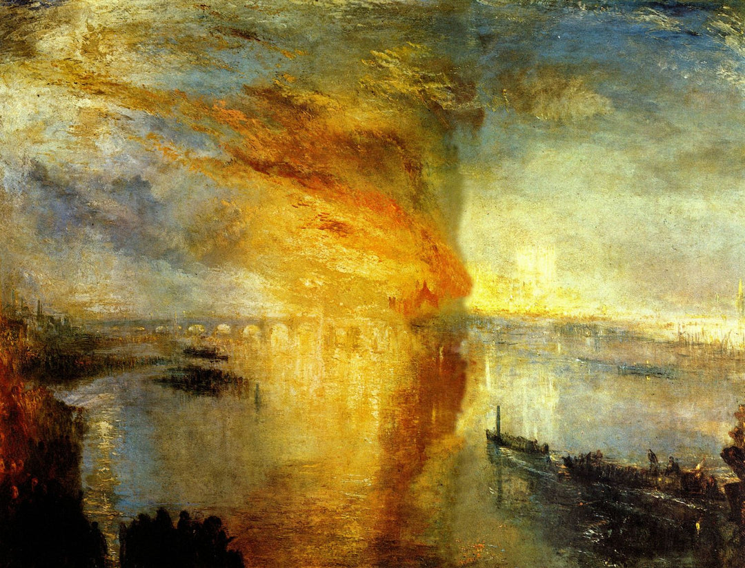 A painting of a fire at the parliament building, featuring a dramatic scene with a fiery explosion and a cityscape in the background.