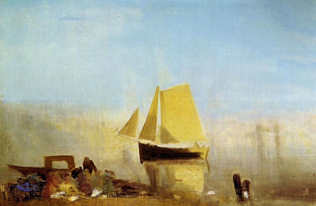 A painting featuring a fishing boat in a misty setting with predominantly gray and brown colors, with a hint of yellow on the boat.