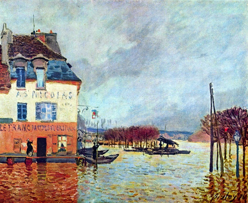 A painting depicting a flood scene with buildings, boats, and trees reflected in a rippling water surface, titled 'Flood at Port Manley' by Alfred Sisley.