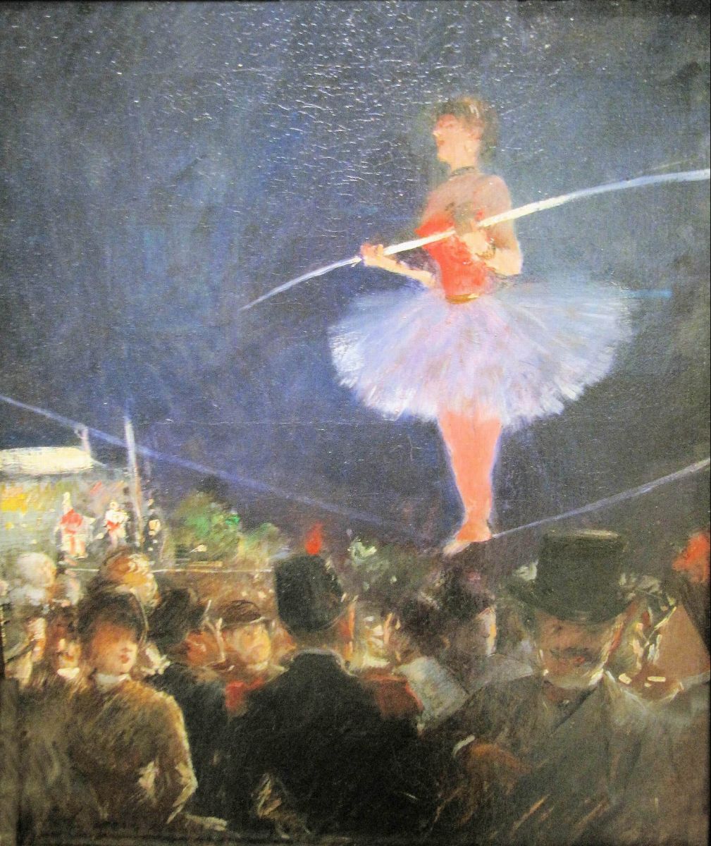 A painting of a ballerina in a tutu, balancing on a tightrope with a balancing pole. Below, a captivated audience watches. The scene is atmospheric and lively.