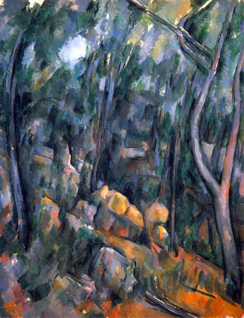 A painting featuring a forest scene with a focus on the interplay of light and shadow among trees, predominantly in shades of blue, green, and orange.