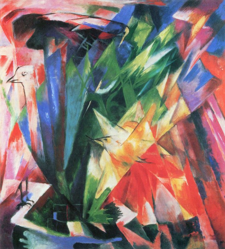 A vibrant and colorful abstract painting featuring fowl by Franz Marc.