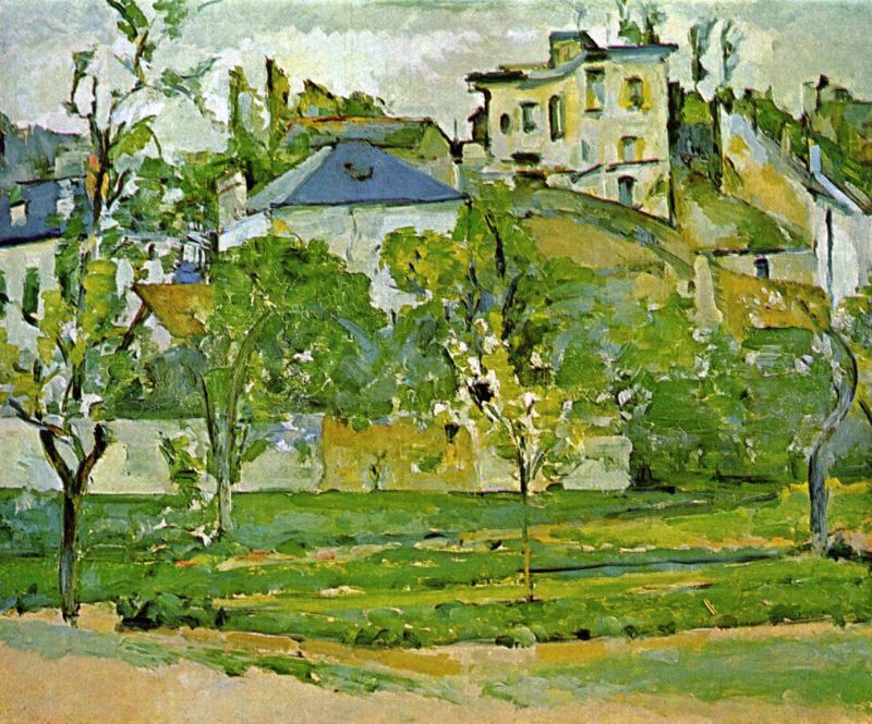 A painting featuring a landscape with trees, houses, and a clear sky, in styles associated with Impressionism.