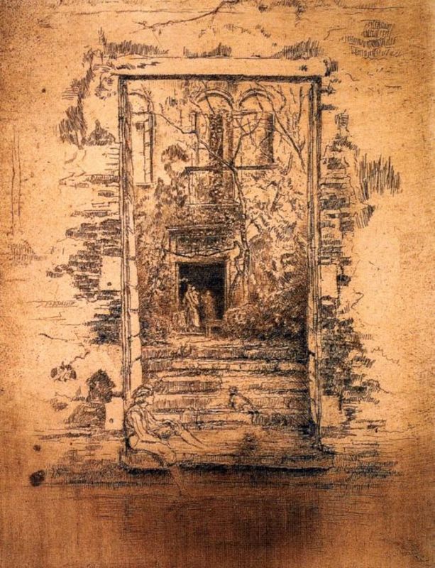 A visual artwork depicting a garden scene with a focus on a door frame, rendered in brown and black tones with subtle details.
