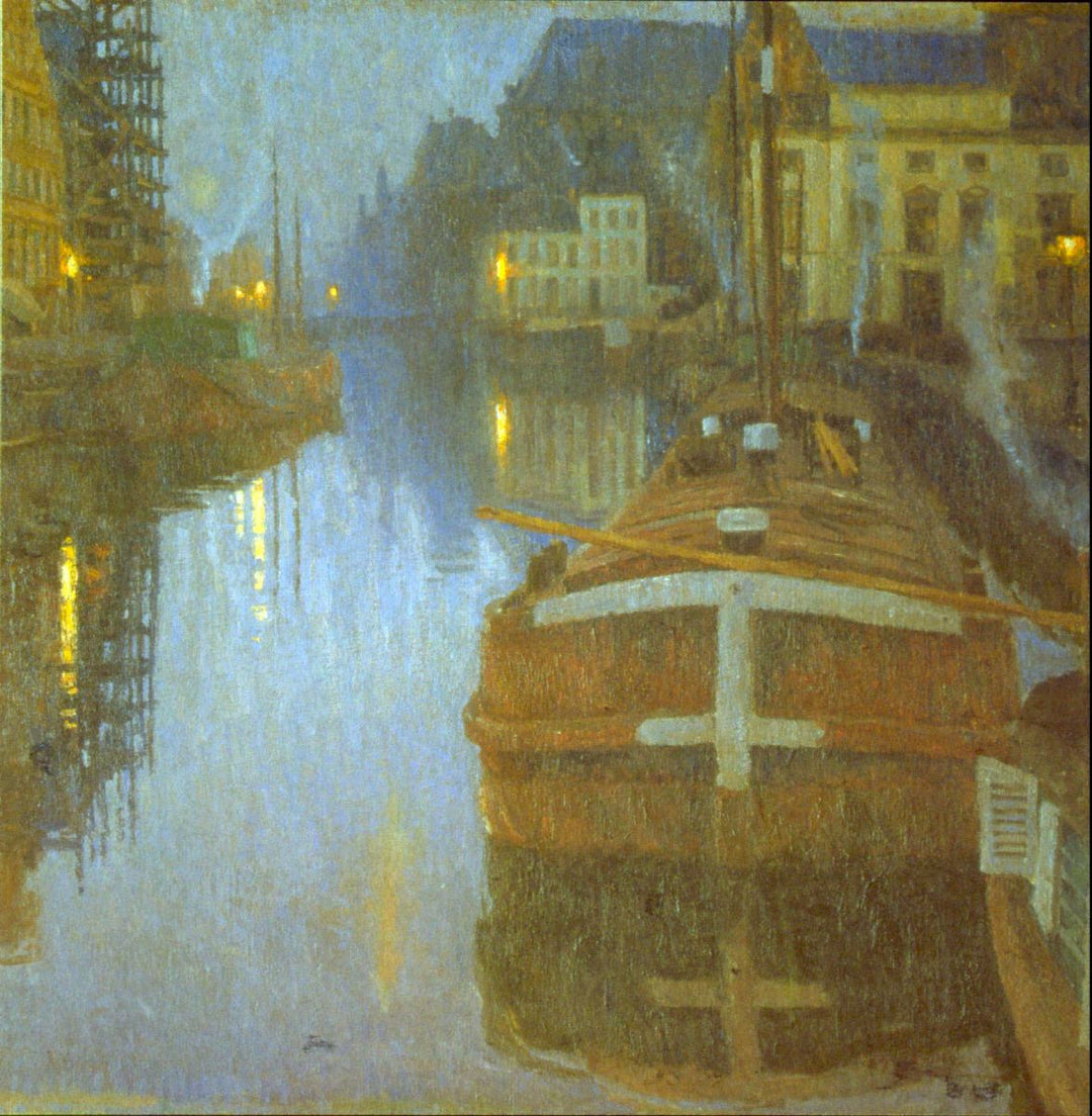 A serene canal scene at dusk with reflections of dim lights shimmering on the water. Buildings and a moored boat create a peaceful urban landscape.
