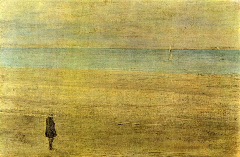 A painting featuring a figure walking on a beach with a predominantly blue and silver color palette, part of the Whistler collection.