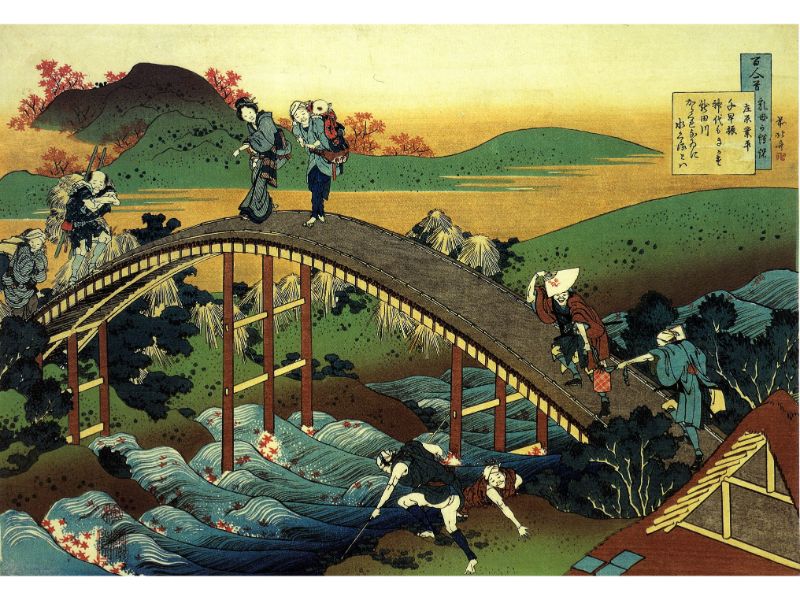Hokusai - Travellers on the Bridge Near the Waterfall of Ono by Hokusai