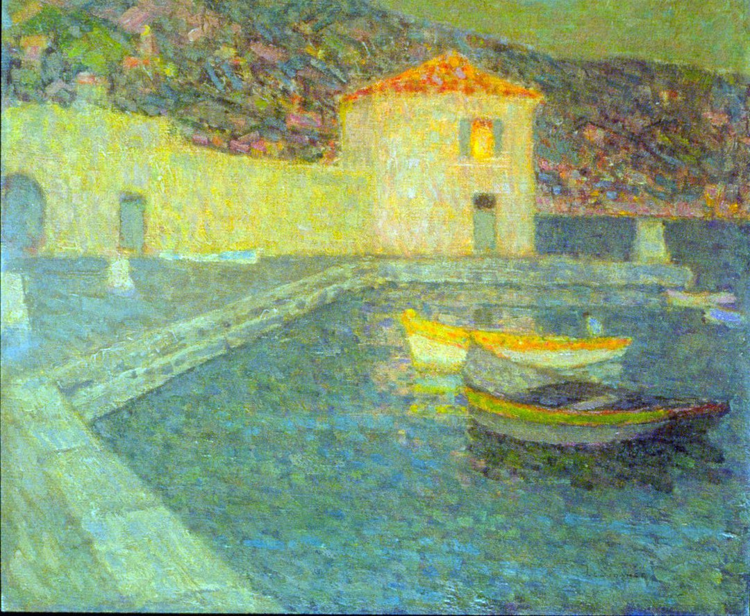 A vibrant painting depicting a seaside scene with a house, boats, and a clear blue sky.