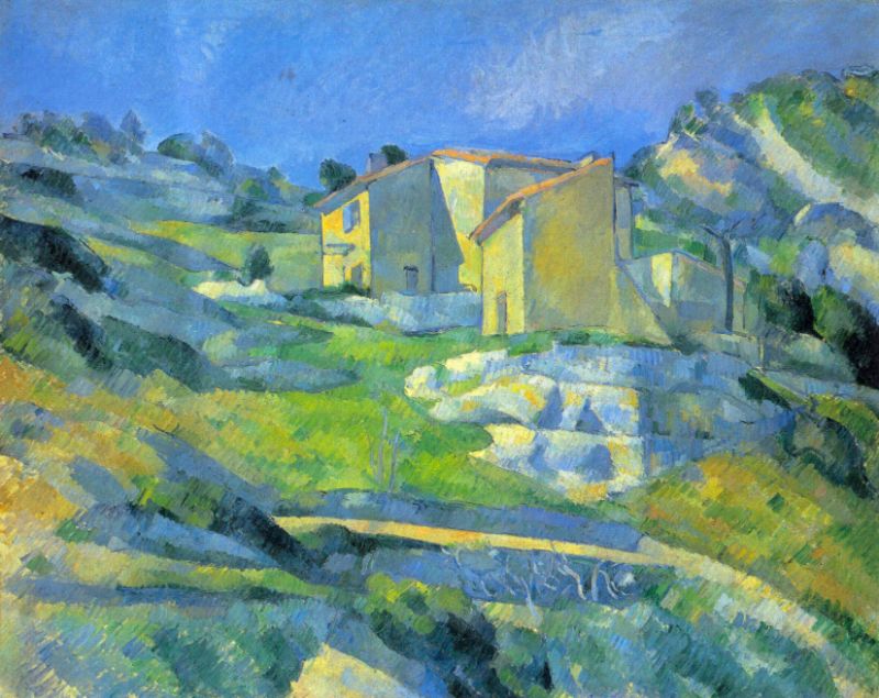 A painting featuring a house in a mountainous landscape with a predominantly blue and green color palette, indicative of Impressionist style.