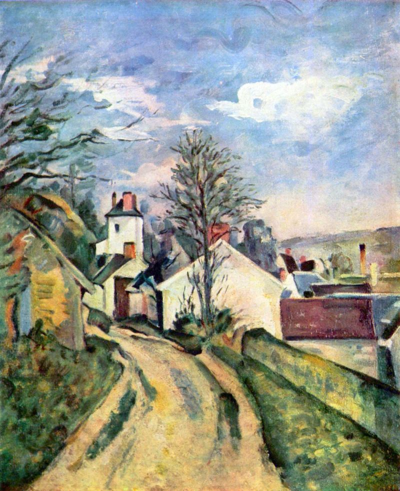 A painting depicting a rural scene with a house and a dirt road, primarily in shades of blue, green, and white.