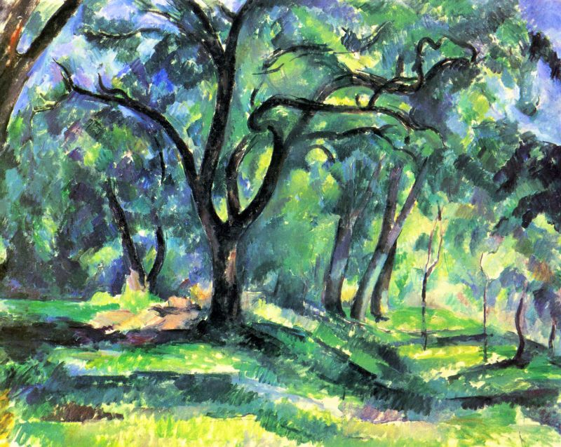 A painting featuring a vibrant depiction of a forest with lush greenery and a blue sky, characteristic of Impressionist style.