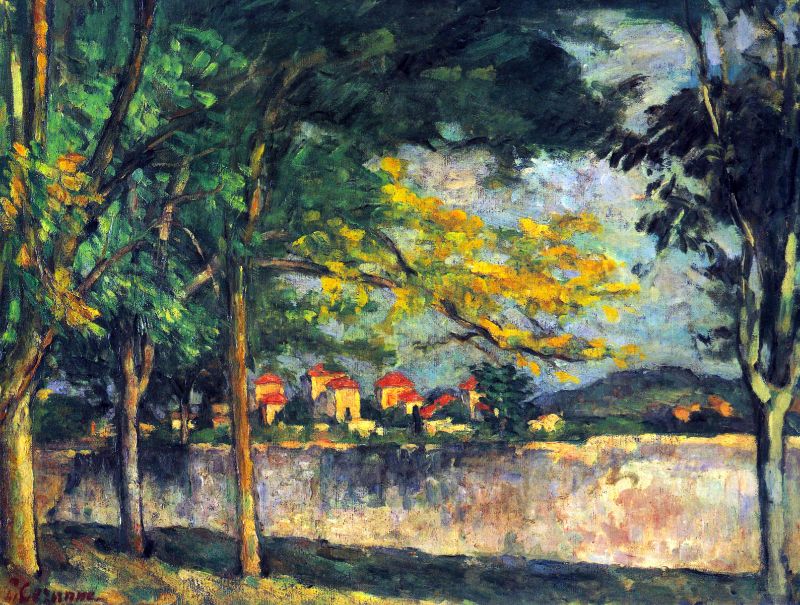 An impressionist landscape painting featuring a tree-lined road with a village in the distance and a sky in the background.