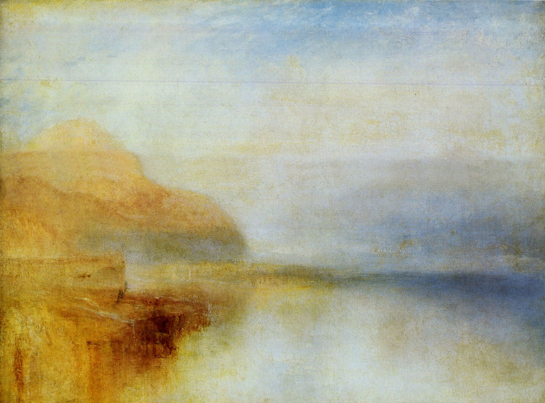 A painting featuring a pier extending into a body of water with a hazy, misty atmosphere. The color palette includes blues, browns, and oranges.