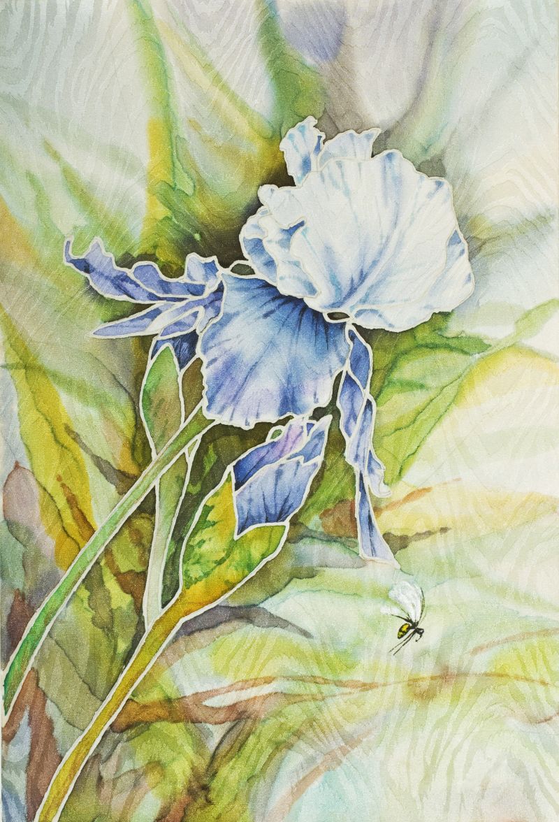 A watercolor painting of an iris flower with blue petals, green leaves, and a white background.