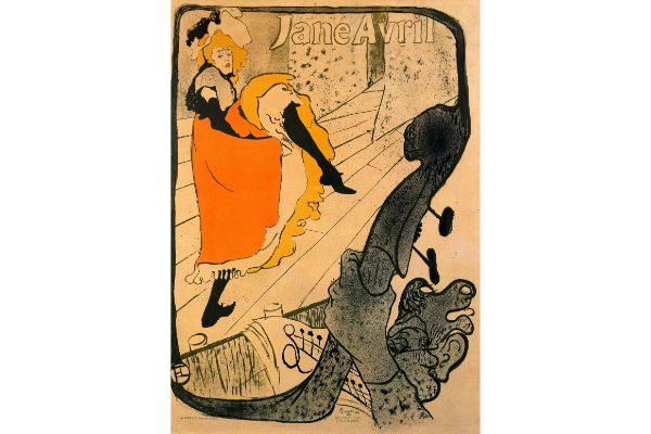 This image features a striking art print titled "Jane Avril" by Toulouse Lautrec, capturing the essence of the dancer in a vivid and expressive style. The artwork displays a striking contrast of black and white, with dynamic splashes of orange, highlighting the energetic and vibrant nature of the dancer.