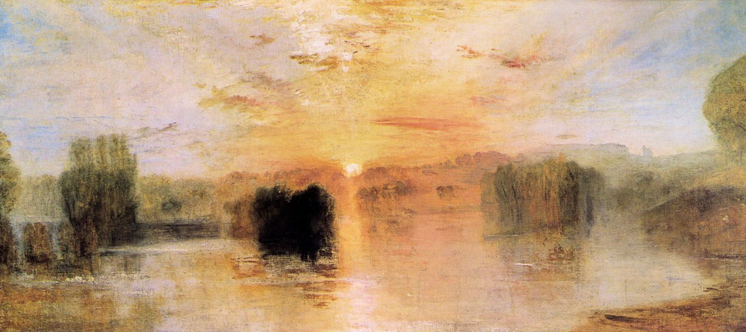 A painting depicting a sunset over a lake with surrounding trees and a misty atmosphere, primarily in blue, brown, and green colors.